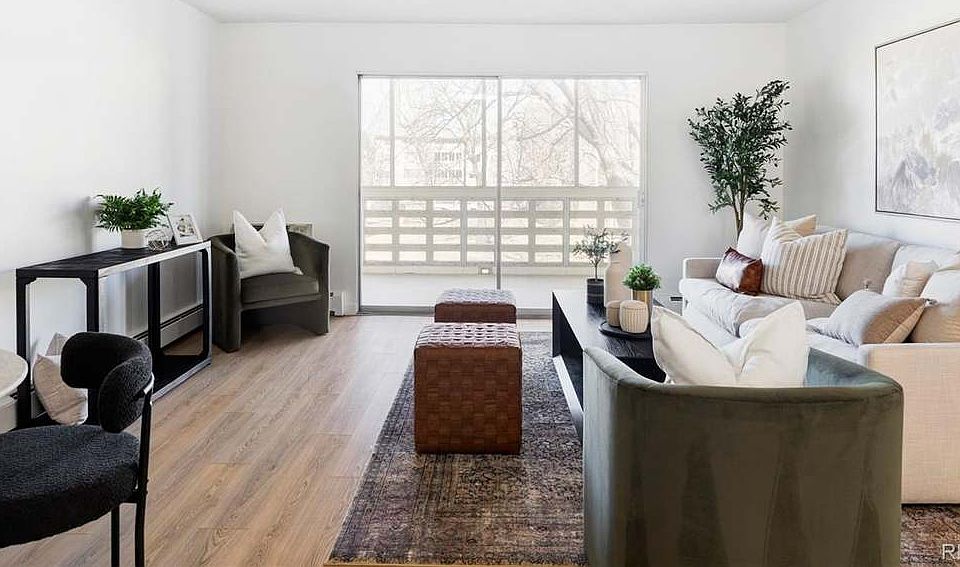 Bright living room opens to patio