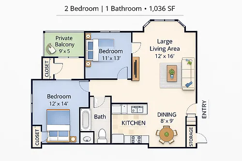 Floor plan 2 Bed 1 Bath - Silver