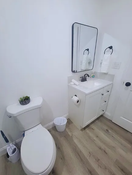 Impeccable bathroom with sink, mirror, hand soap, and towels