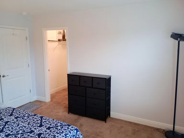 Bedroom offers carpeted floors, a closet with shelving and hanging rod, and space for a bed plus dresser or desk.