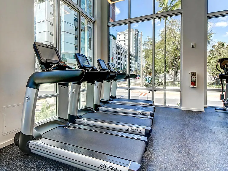 Treadmills Lined Up Beside Floor-to-Ceiling Windows in an On-Site Gym