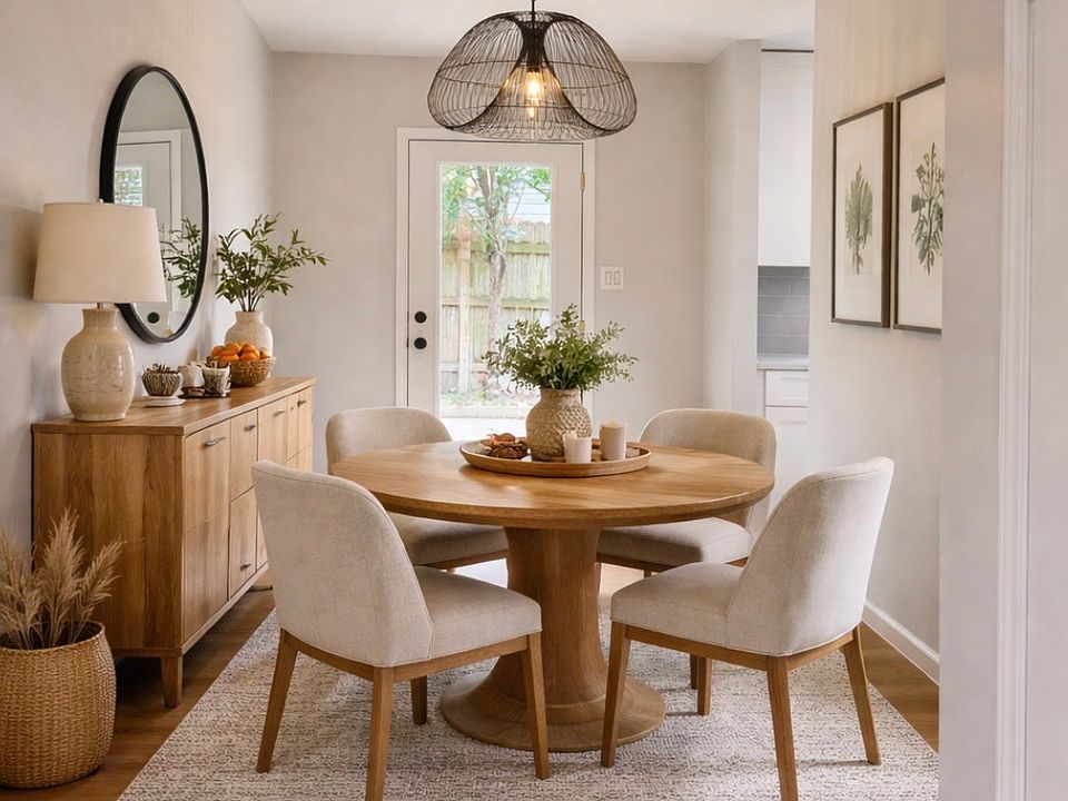 Staged photo of dining area seen from front entry