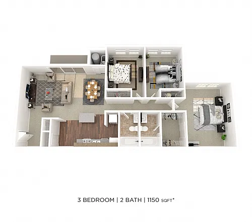 Floor plan Three Bedroom 2 Bath - 1,150 sqft
