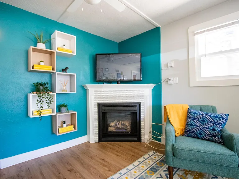Comes with gas fireplace and fun painted walls