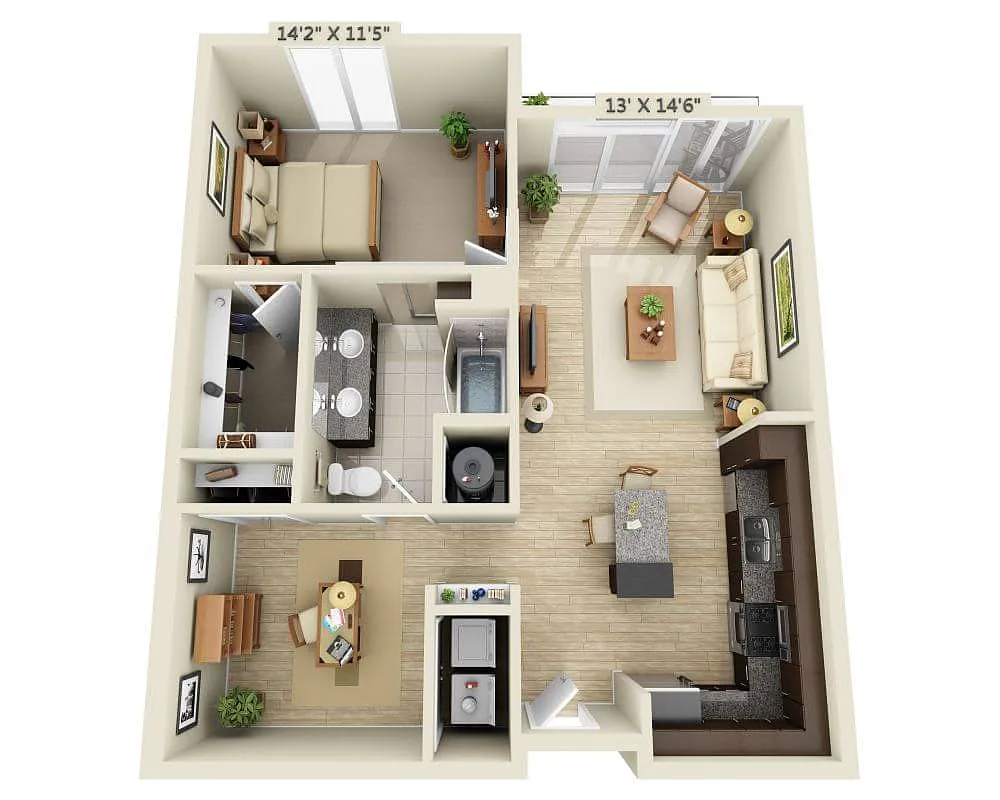 Floor plan One Bedroom Den A1AD
