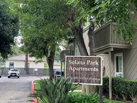 Front entry sign at Solana Park Apartments in Solana Beach, California.