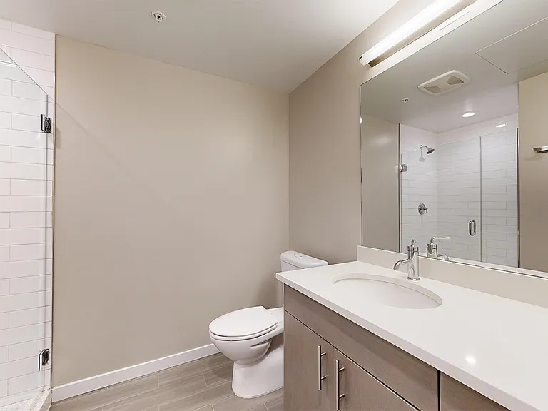 Apartment bathroom with wood-style flooring.