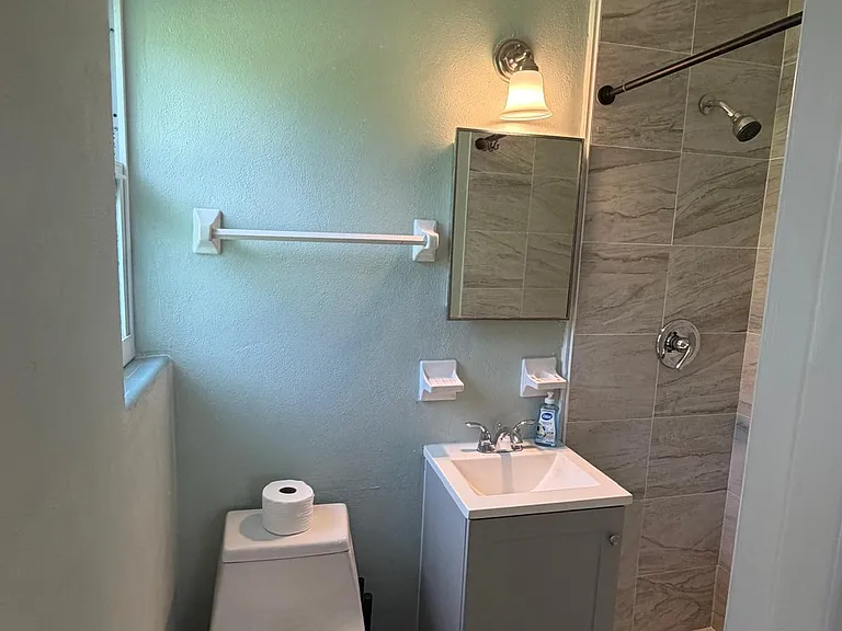 Updated bathroom features a tiled walk-in shower, vanity sink with mirror, and window for natural light.