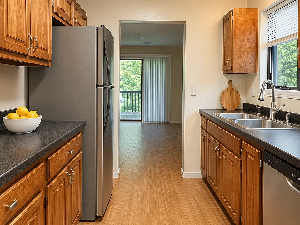 Kitchen is equipped with a refrigerator, range, dishwasher, and garbage disposal.