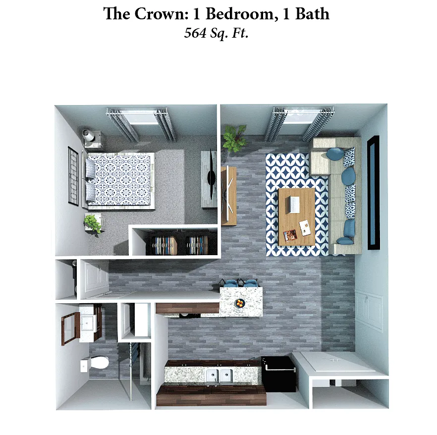 Floor plan The Crown: 1 Bedroom, 1 Bath 564SqFt