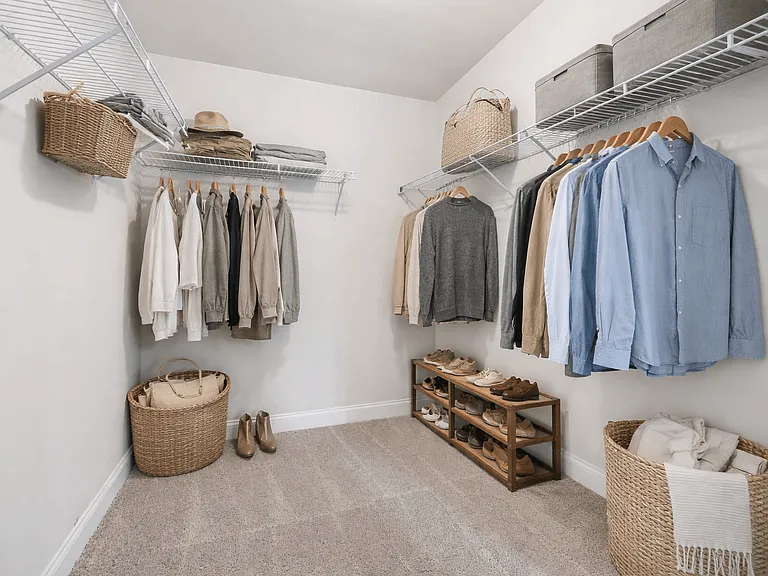 Primary suite with a full walk in closet featuring custom racks.