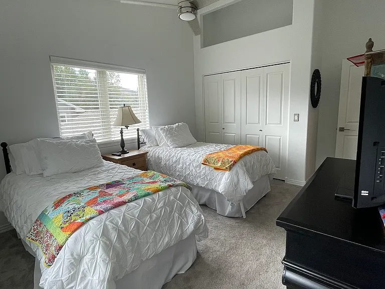 Closets have built-in drawers, shelves, and hanging areas. Large closets.