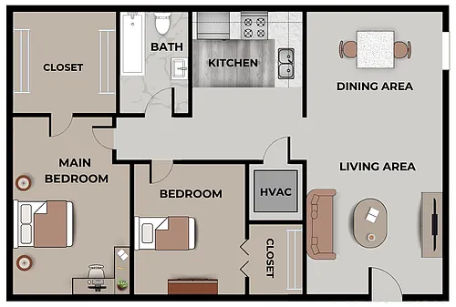 Floor plan Oak Leaf 2 Bedroom, 1 Bathroom