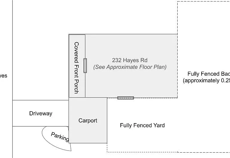 Approximate site plan showing fully fenced backyard (approximately 0.25 acres)