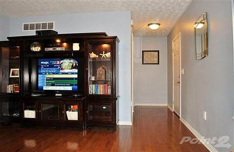 living room- front door entry way - Dark Hardwood floors through out entryway and living room