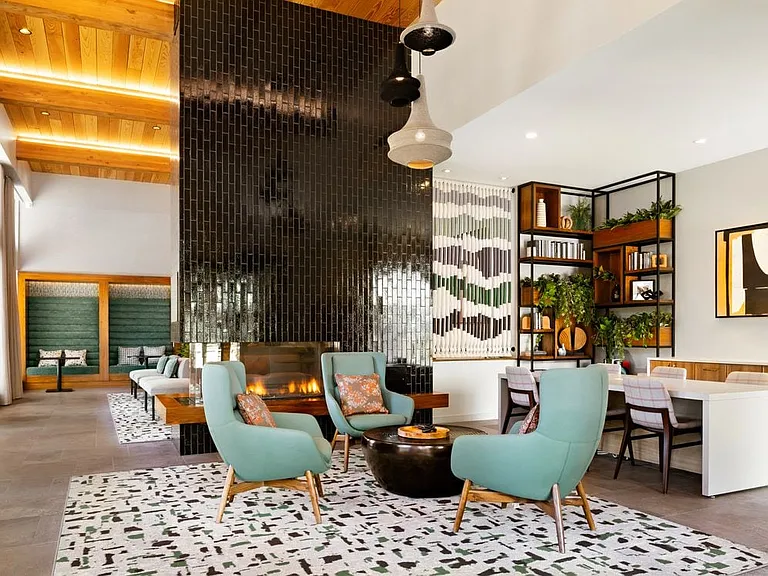 Lobby and resident lounge with fireplace