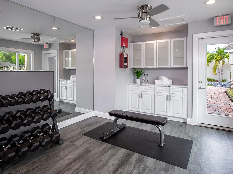 Harper Grand Apartments offers a dedicated weight room space featuring a full rack of dumbbells, a flat bench, and a peaceful outdoor view.