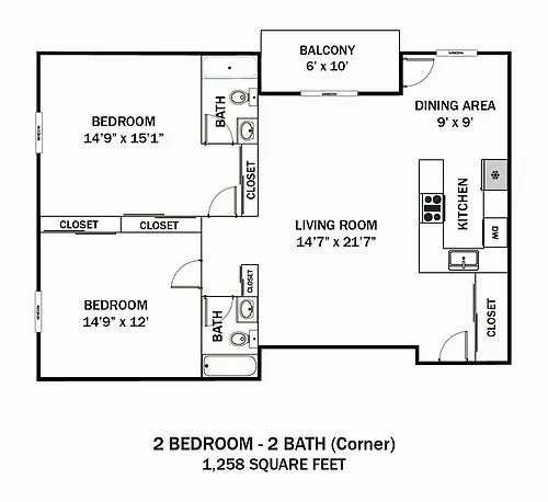 Floor plan 2 Bedroom 2 Bath Corner