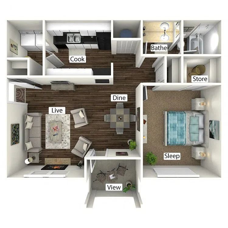 Floor plan A1: 1 Bed 1 Bath