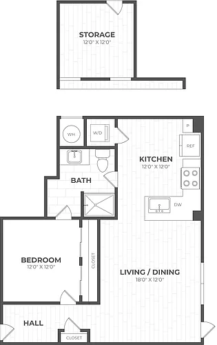 Floor plan 1 Bed/1 Bath Den-1L
