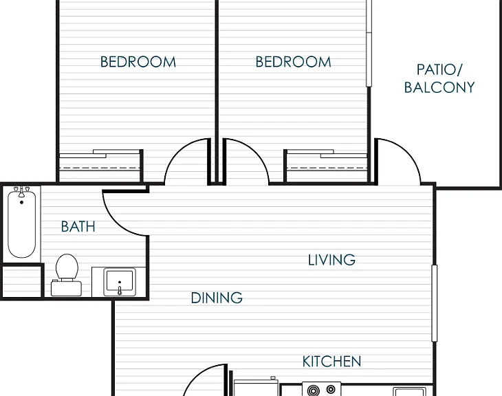 2-Bedroom 1-Bathroom Traditional Unit Floorplan Diagram