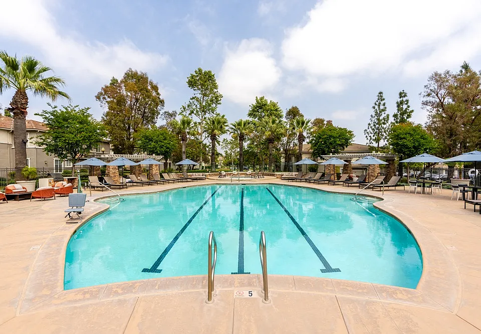 Expansive Outdoor Pool Area with Lap Lanes, Seating, and Shade Umbrellas