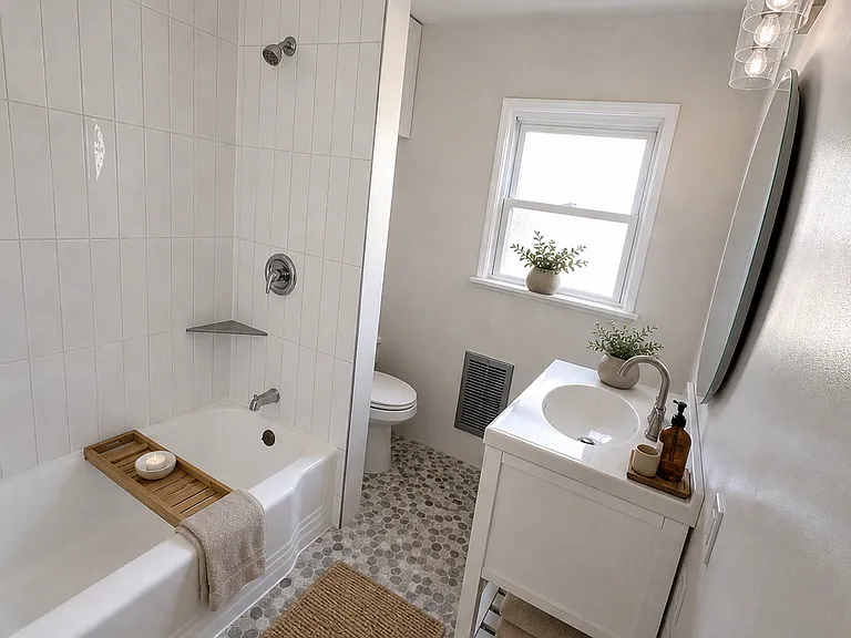 Hallway bathroom - new shower tiles, re-glazed tub, new floors
