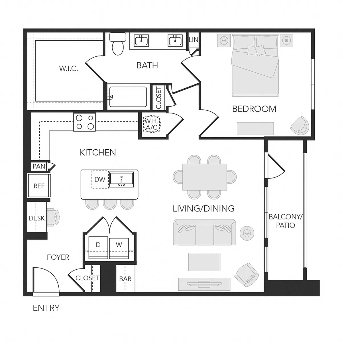 Floor plan 1BR 1BA (961 SF)