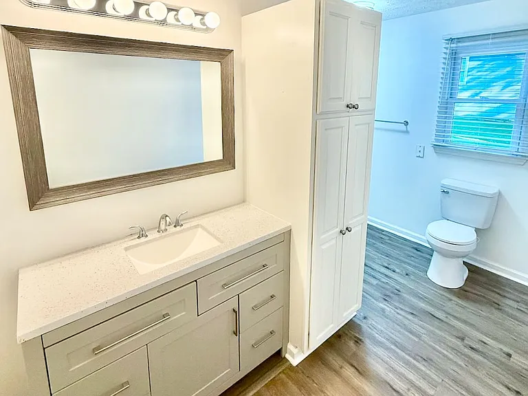 Bright modern bath_ - shaker-style grey vanity with granite countertop and soft-close drawers maximizes storage - tall linen cabinet and vinyl plank floors make morning routines effortless.