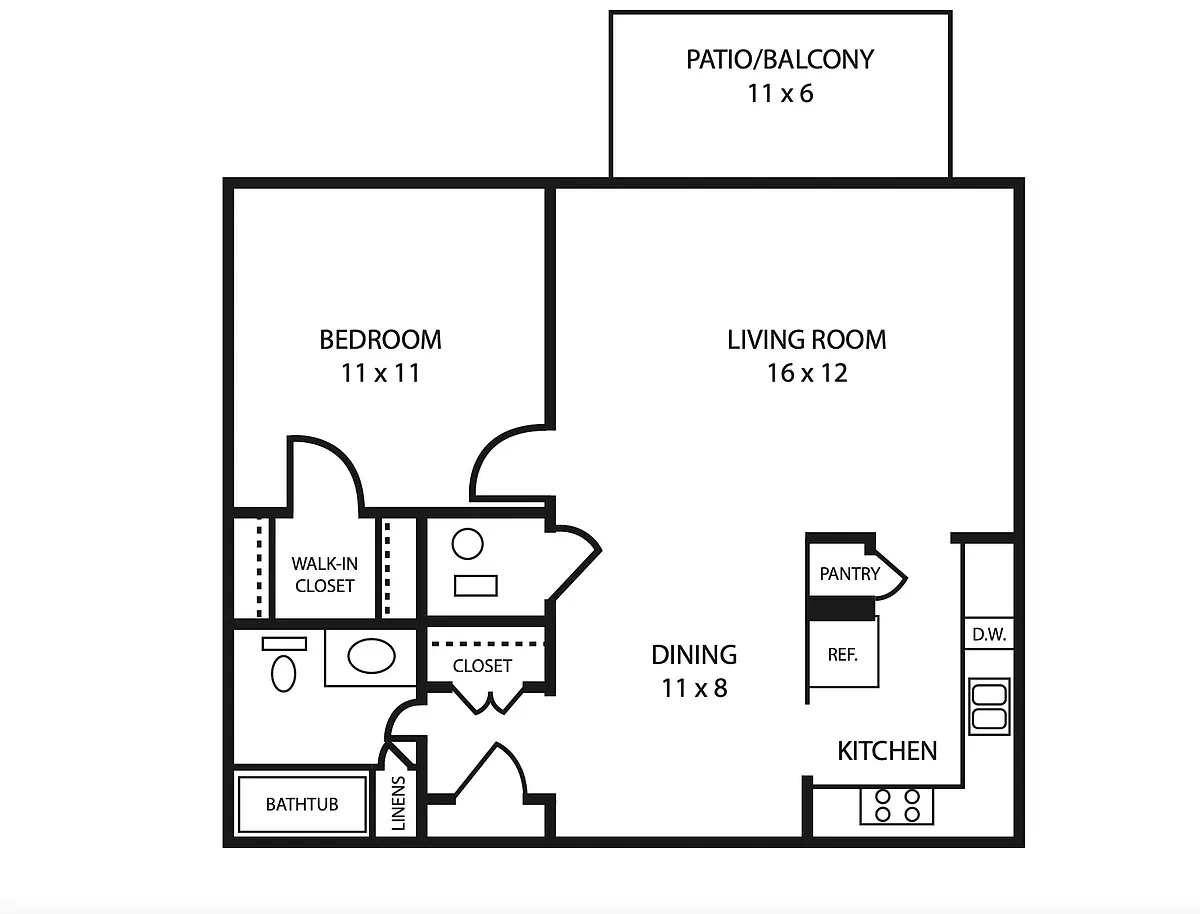 Floor plan 1Bd/1Ba Superior Tub