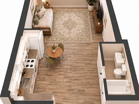 AI-generated furnishing inspiration based on the studio apartment's approximate layout. Not to scale; dimensions and furnishings are illustrative.