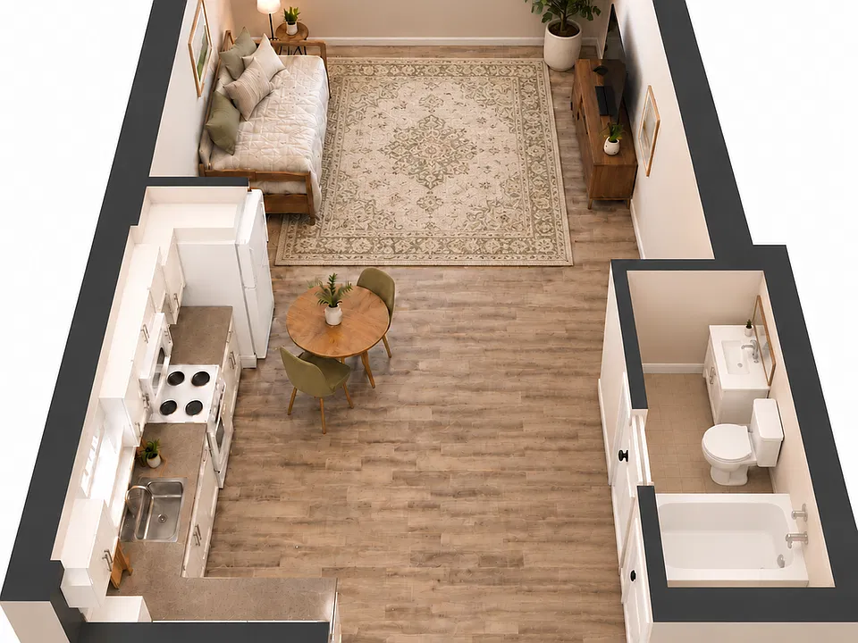 AI-generated furnishing inspiration based on the studio apartment's approximate layout. Not to scale; dimensions and furnishings are illustrative.