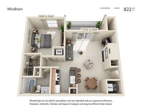 Floor plan 1-Bedroom 1-Bathroom HC | 822 sqft
