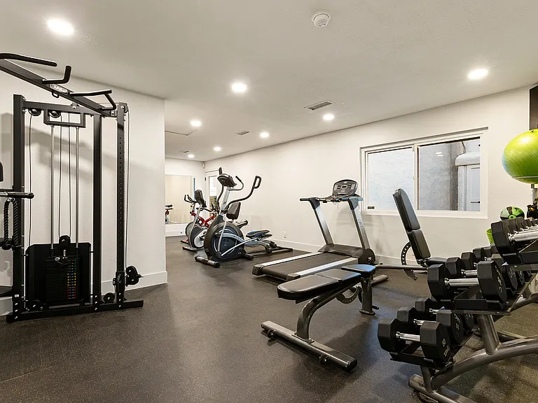 Stay active with a fully equipped fitness center right at home.