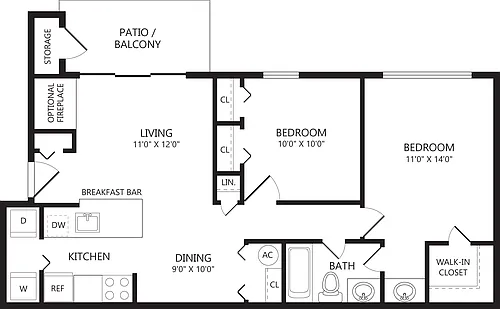 Floor plan 2 Bed/1 Bath-B1