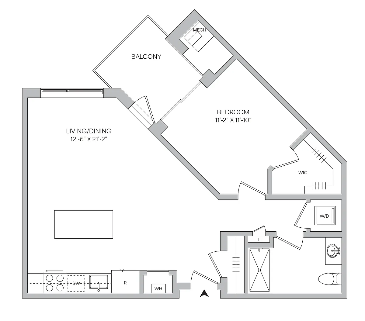 Floor plan A04 - 1BR 1BA (808 SF)
