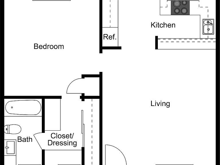 One Bedroom floor plan showcasing a spacious bedroom, sleek kitchen, cozy living area, and convenient bath with closet space. One Bedroom floor plan showcasing a spacious bedroom, sleek kitchen, cozy living area, and convenient bath with closet space.