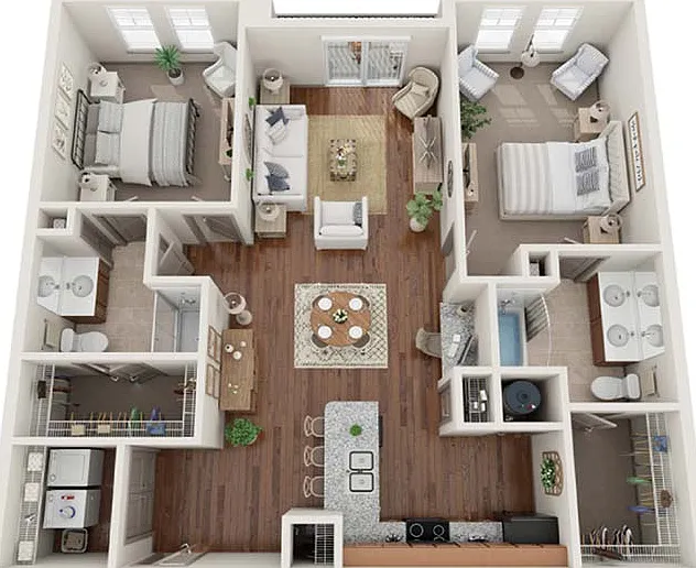 Explore The Chicago_ a spacious 2-bedroom, 2-bath apartment offering modern amenities like granite counters, walk-in closets, and a private balcony. Designed with high ceilings and a sleek, contemporary style, this layout maximizes both comfort and functi