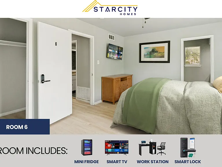 Private bedroom with a furnished sleeping area, dresser storage, and convenient access to a closet and nearby bath.