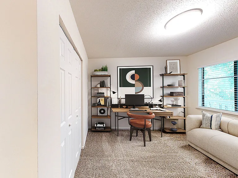 Bedroom with carpet & overhead lighting
