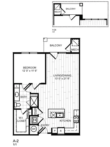 Floor plan 1 Bed, 1 Bath - A2b
