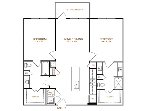 Floor plan 2 Bed, 2 Bath D