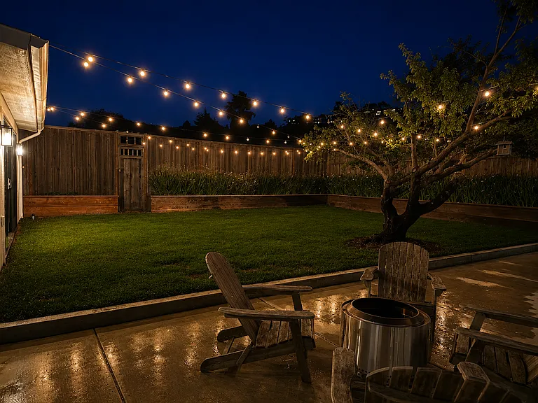 Relax under cafe lights after sunset