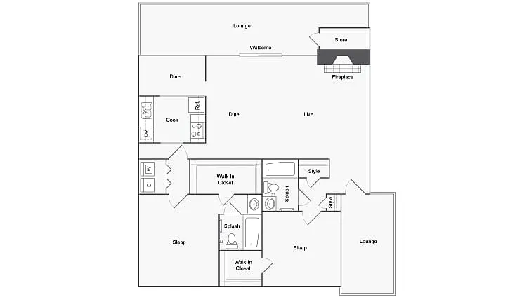 Floor plan 2 BR x 2 BA with Washer/Dryer