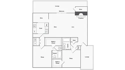 Floor plan 2 BR x 2 BA with Washer/Dryer
