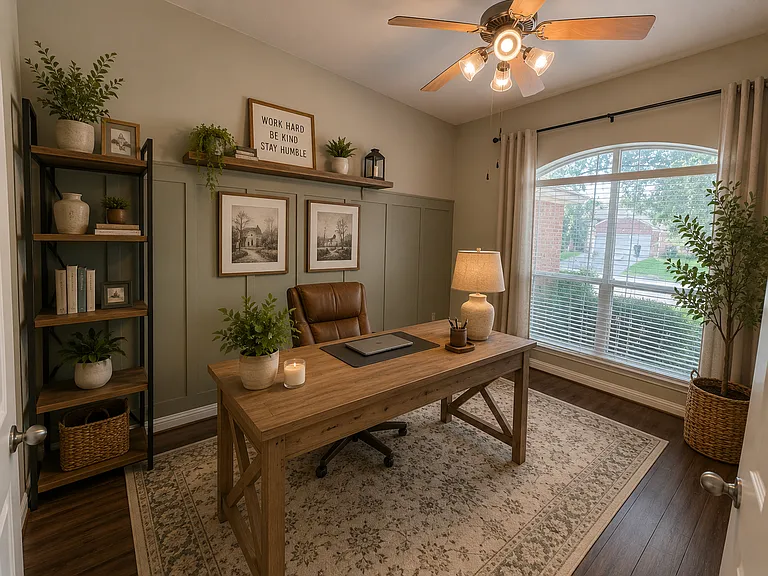 Office- located at the front of house off the living room. (virtually staged office)