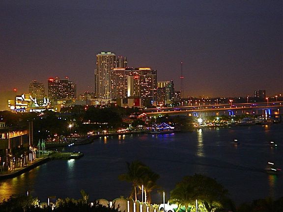 Nighttime view to Biscayne Bay from living room