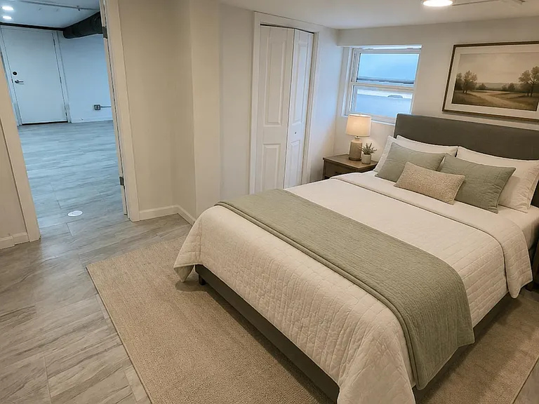 Staged bedroom with queen bed, nightstands, closet doors, and a window; tile flooring and neutral finishes.