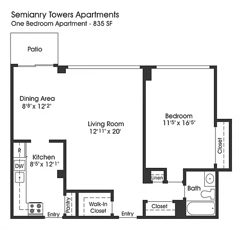 Floor plan 1BR 1BA (835sf)