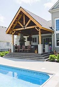 Timber frame outdoor living area and low maintenance salt water pool.